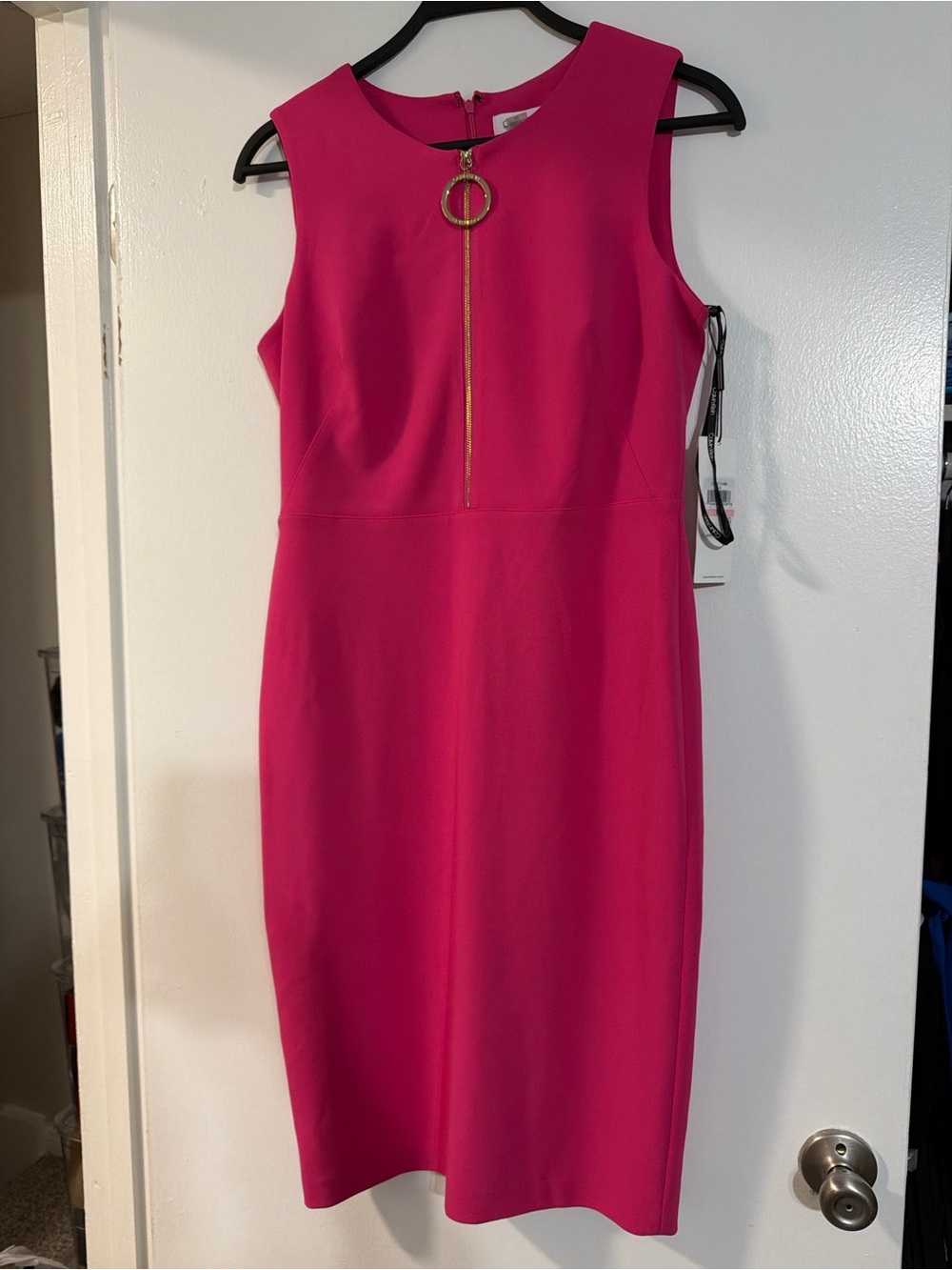 Calvin Klein Hot Pink Midi Sheath Dress with Gold Ring Zip - Picture 8 of 8